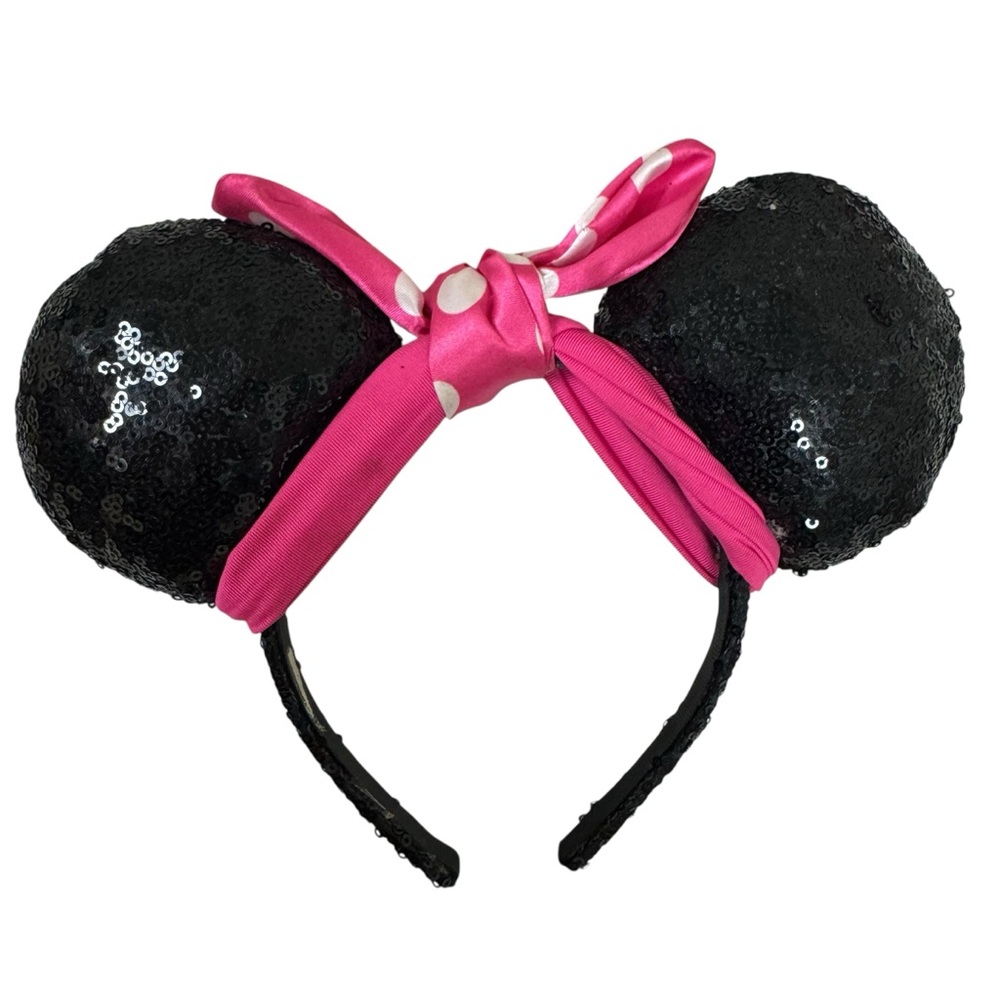 Black Sequin Mickey Ears with Pink Polka Dot Bow Headband